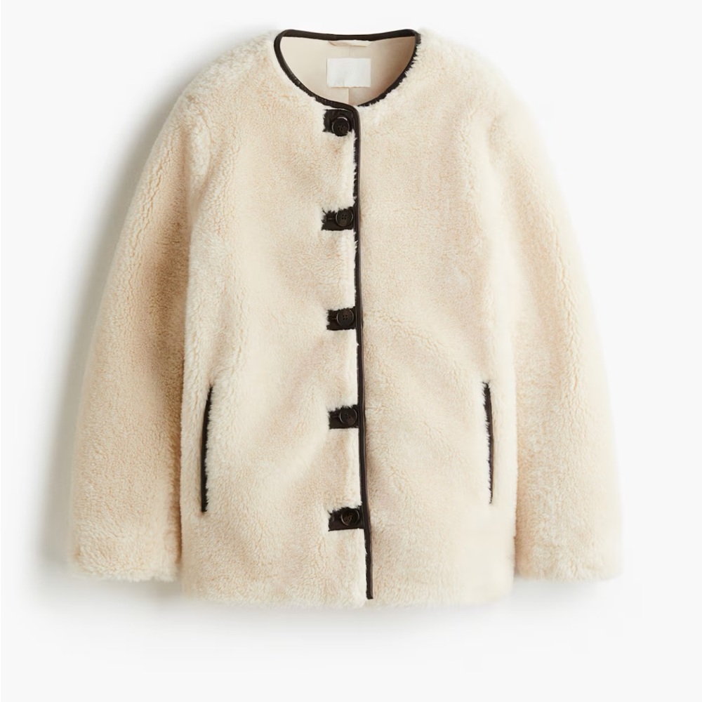 H&M Cream Teddy Faux Fur Coat with Black leather Accents